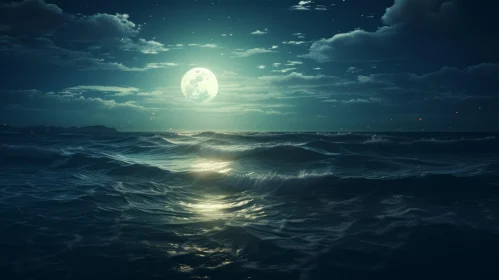 Night Seascape with Full Moon and Calm Sea