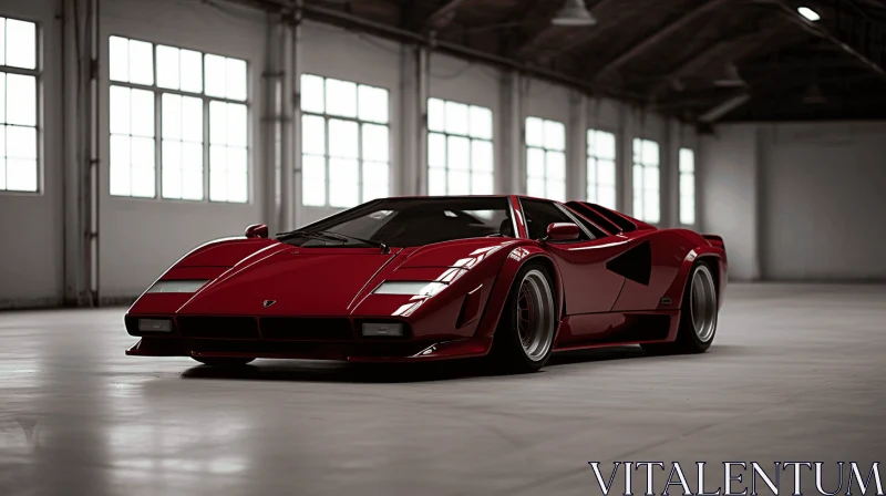 Red Sports Car in Warehouse: Realistic and Hyper-Detailed Renderings AI Image