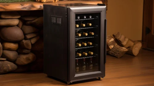 Sleek Black Wine Cooler in Modern Room with Firewood