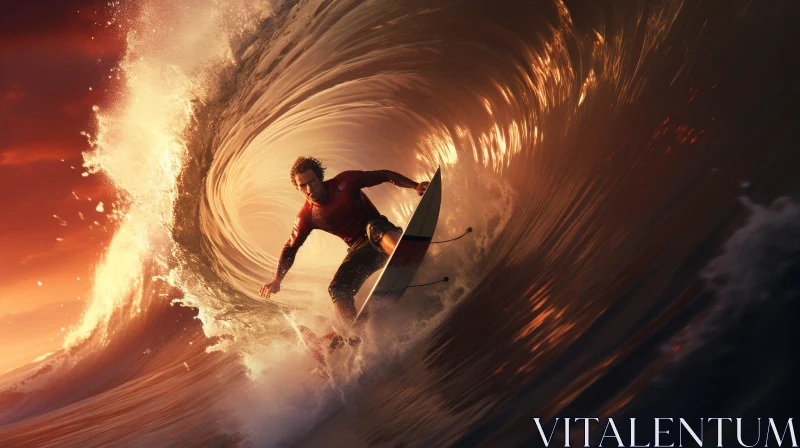 Surfer Riding Wave at Sunset - Digital Painting AI Image