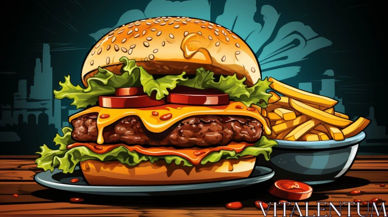 Tasty Burger with Fries and Cityscape Background AI Image