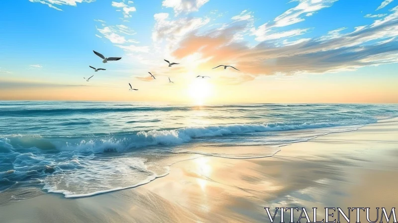 Tranquil Beach Sunset Scene with Seagulls and Colorful Sky AI Image