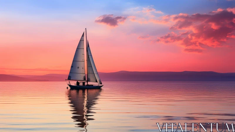 Tranquil Sunset Lake with Sailboat AI Image