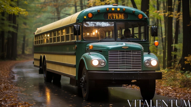 AI ART Vintage School Bus Driving Down Wet Road