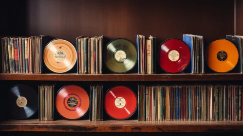 Wooden Shelf with Books and Vinyl Records
