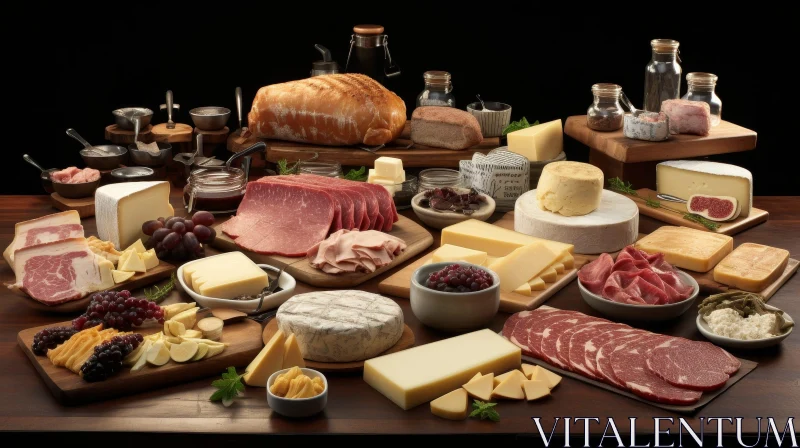 Artistic Food Still Life with Cheese, Meat, and Fruits AI Image