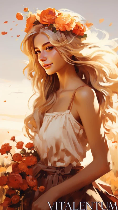 Beautiful Woman Portrait in Field of Flowers AI Image