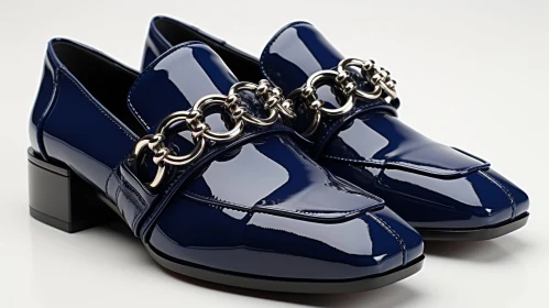 Blue Leather Loafers with Gold Chain Detail