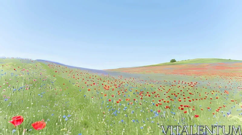 Colorful Field of Red Poppies and Blue Cornflowers AI Image