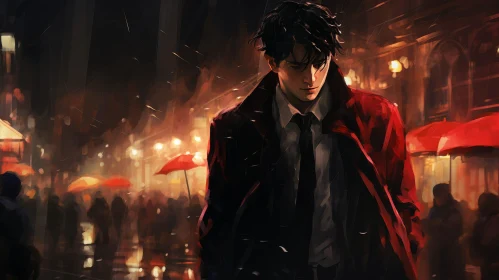 Dark Rainy Street Scene with Man and Red Umbrella