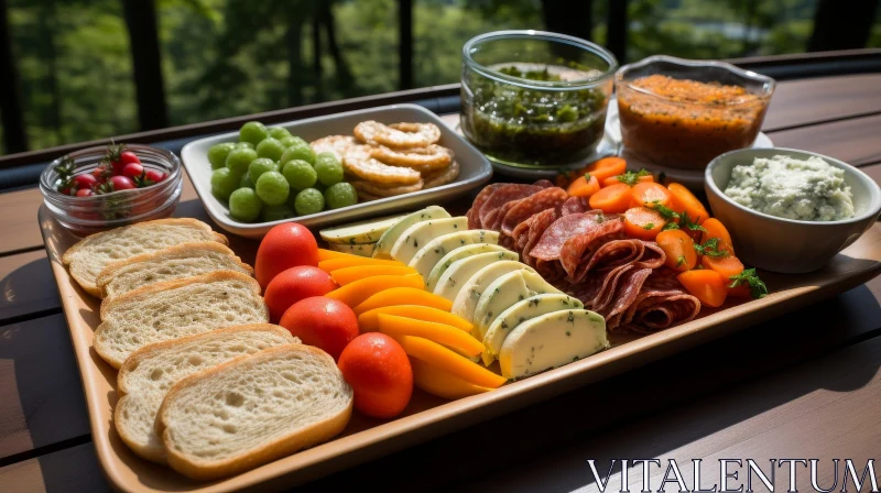 AI ART Delicious Charcuterie Board with Cheese, Meat, Fruits, and Vegetables