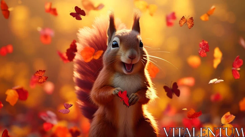 AI ART Enchanting Forest Encounter: Curious Squirrel with Red Leaf