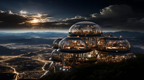 Futuristic City on Mountain: Night View of Technologically Advanced Urban Landscape
