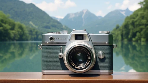Vintage Camera Close-up with Landscape Background