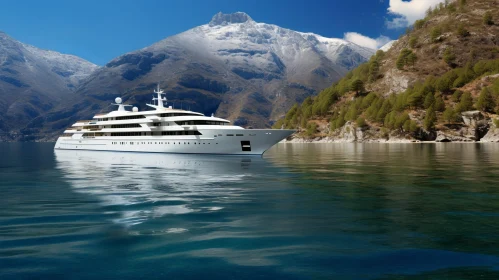 White Yacht on Tranquil Sea with Mountain Backdrop
