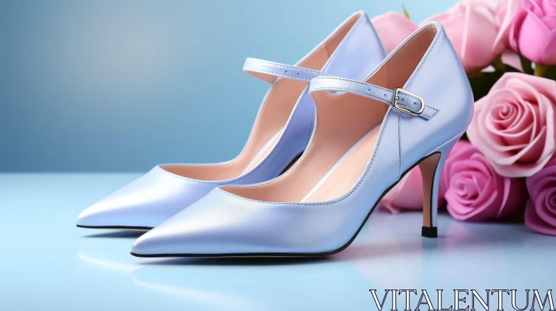 Blue High-heeled Shoes with Pink Roses on Reflective Surface AI Image