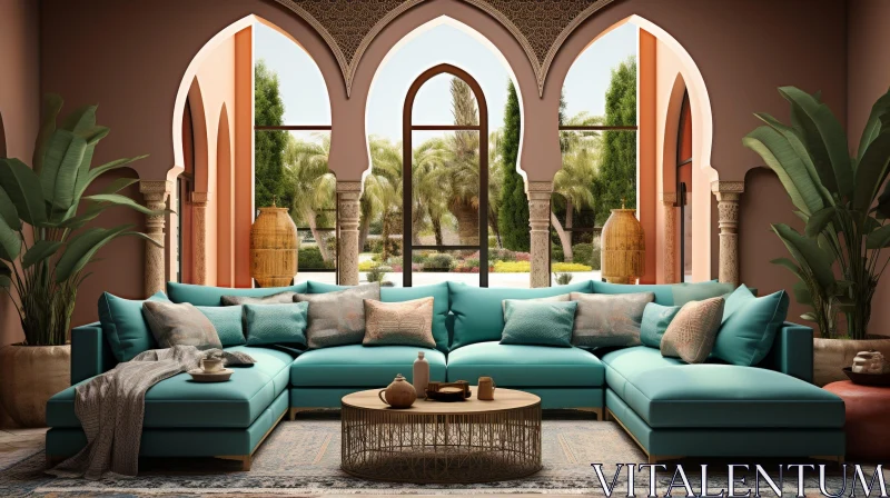 Blue Sofa Living Room with Moroccan Decor AI Image