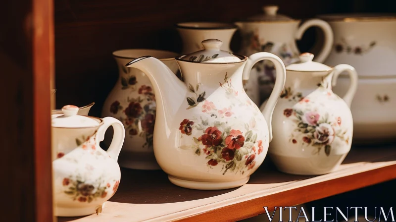 Charming Ceramic Teapots and Jugs Displayed on Wooden Shelf AI Image