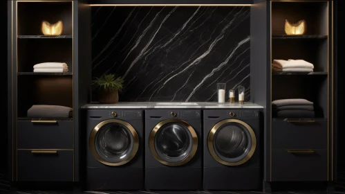 Luxurious Laundry Room with Black Marble Walls and Gold Accents