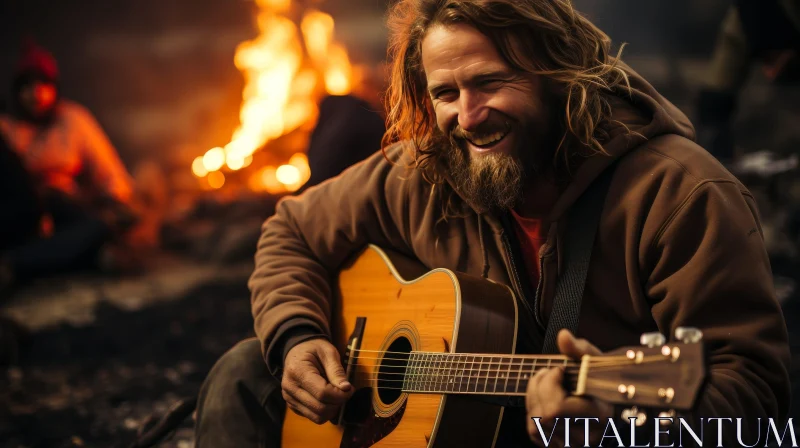 Man Playing Guitar and Singing Around Bonfire AI Image