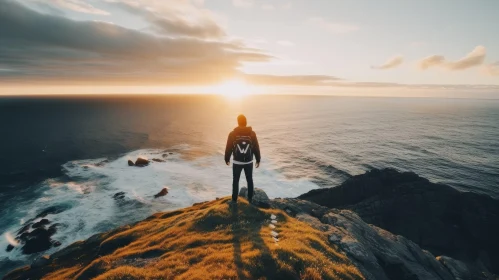 Man Standing on Cliff Overlooking Ocean at Sunset