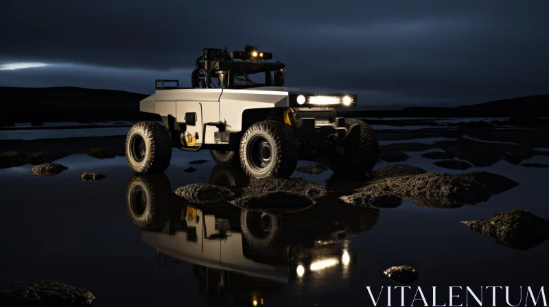 Self-Driving Car Prototype in Rocky Terrain at Night AI Image