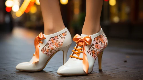 Stylish White High-Heeled Shoes with Floral Design on Cobblestone Street