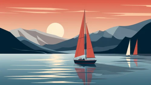 Tranquil Sailboat Illustration on Lake at Sunset