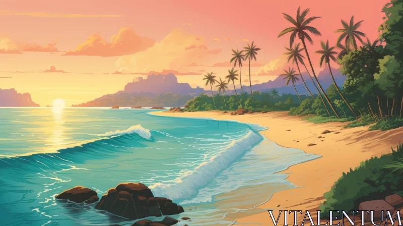 AI ART Tranquil Sunset Beach Scene - Tropical Paradise