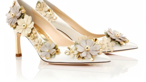 White Satin Wedding Shoes with Floral Embellishment