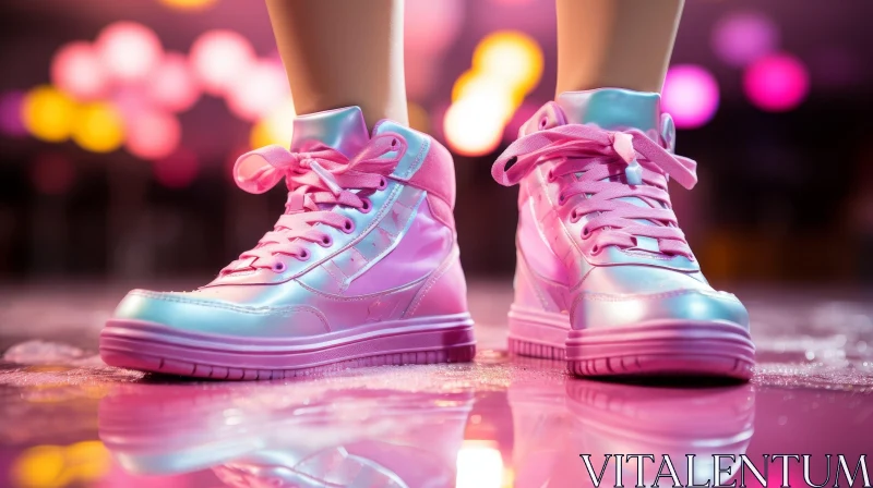 AI ART Young Woman in Pink High-Top Sneakers on Reflective Surface
