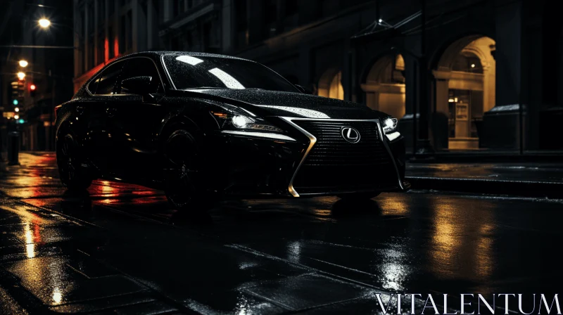 AI ART Black Lexus Ion Car in Rain-Drenched Street: Realistic Portrayal of Light and Shadow