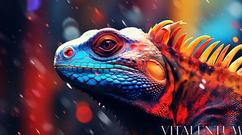 Colorful Iguana Portrait in Blue, Yellow, and Orange AI Image