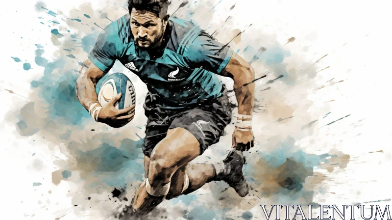 Dynamic Rugby Player Watercolor Art AI Image