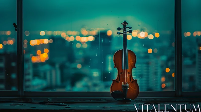 Enchanting Violin on Window Sill with Cityscape Background AI Image