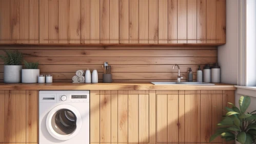 Modern Laundry Room with Washing Machine and Wooden Cabinets