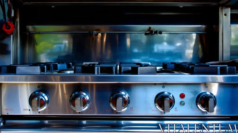 Professional Gas Stove Close-Up with Stainless Steel Finish AI Image