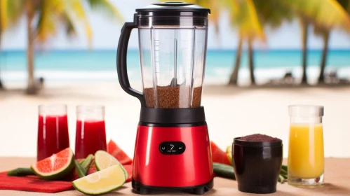 Red Blender on Sandy Beach with Juice and Fruit