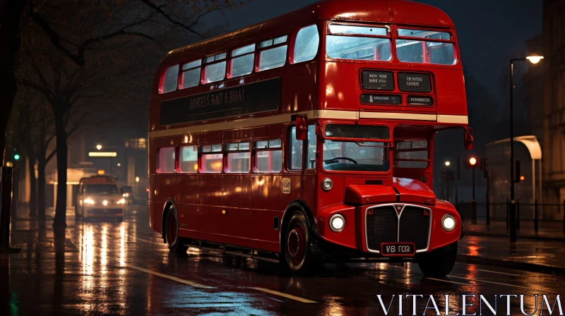 Red Double-Decker Bus in Rainy City Night Scene AI Image