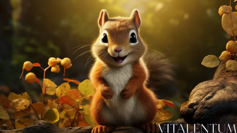 AI ART Smiling Squirrel on Tree Branch in Forest
