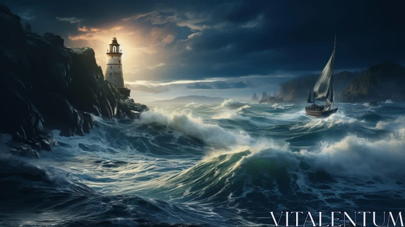 Stormy Lighthouse: Capturing the Power of the Sea AI Image