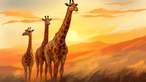 Three Giraffes in African Savanna Sunset