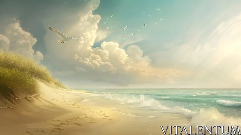 AI ART Tranquil Beach Scene with Seagulls and Footprints