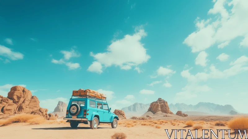 Vintage Blue Car Driving in Desert at Sunset | Dreamy Atmosphere AI Image