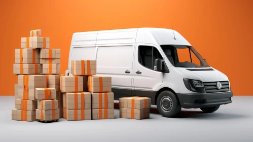 White Delivery Van with Cardboard Boxes | Orange Background