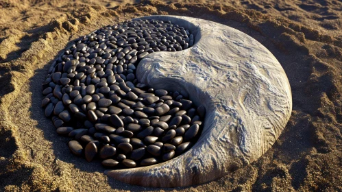 Yin-Yang Symbol Made of Pebbles on Sand