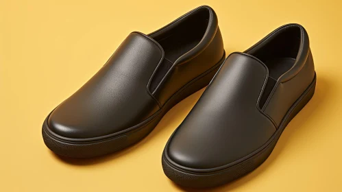 Black Leather Slip-On Sneakers on Yellow Background