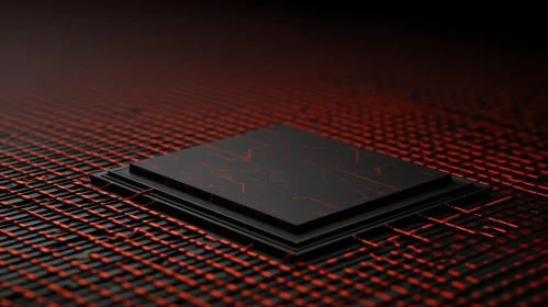 Black Processor with Red Glowing Lines - 3D Rendering