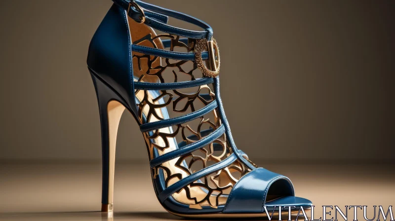 Blue Leather High-Heeled Shoe with Cutout Flower Design AI Image