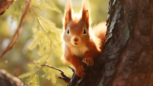 Curious Red Squirrel on Tree Branch